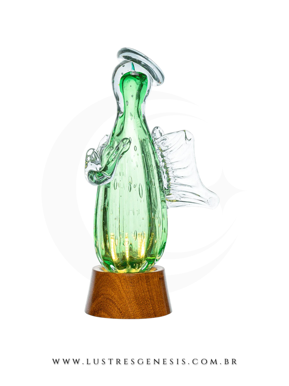 Abajur Decorativo Anjo Gabriel Murano Verde Esmeralda Base Madeira 19cm ou 25cm Para Quarto Sala Cabeceira